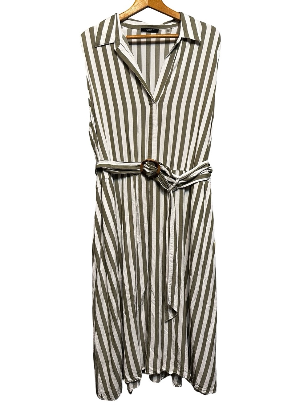T Tahari Green White Stripe Belted Fit Flare Midi Dress 2X Vneck Boho Flowy
